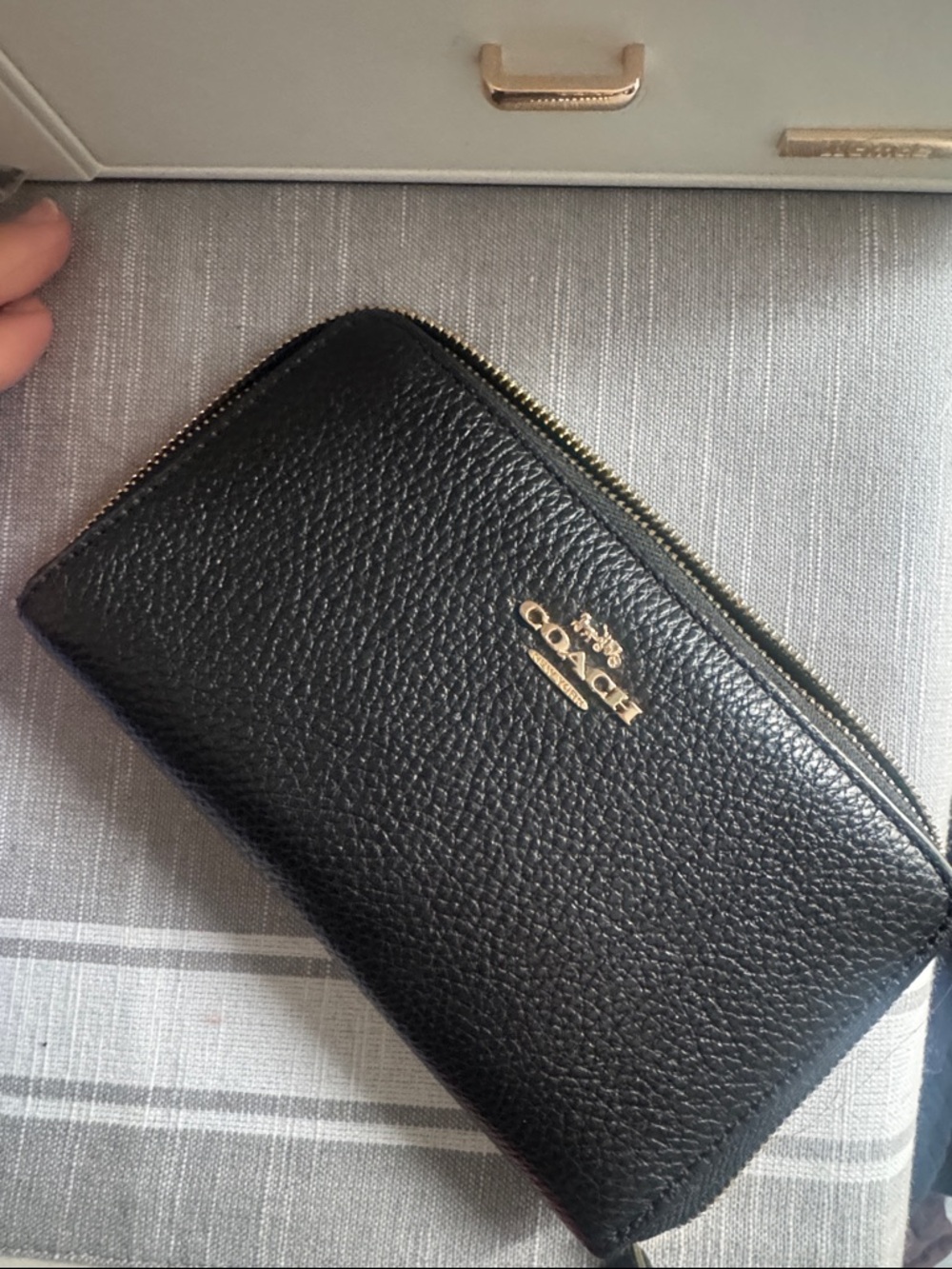 Coach Black Pebbled Leather Zip Wallet with Gold Logo
